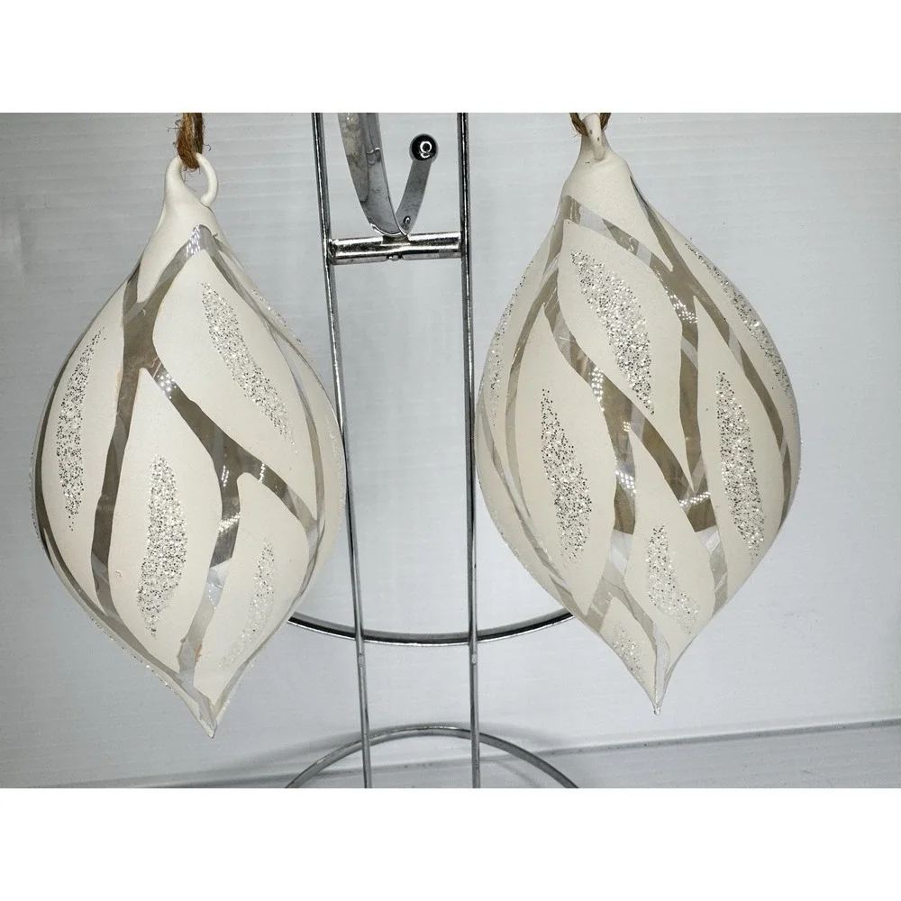 Pottery Barn NWT Set of 2 White Silver Glitter Glass Teardrop Hanging Ornaments
